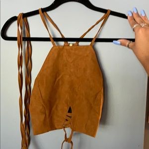 Brown suede tie up crop top